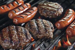 Barbecue grill sizzling with juicy burgers and hotdogs, staple of summer gatherings photo