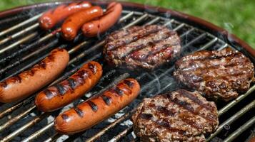 parilla parrilla candente con jugoso hamburguesas y perritos calientes, grapa de verano reuniones foto