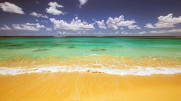 Beach with turquoise waters and golden sands, kissed by the warm sun of summer photo