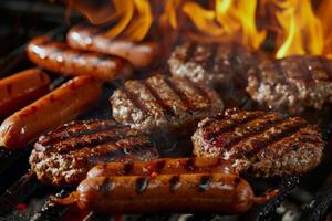 Barbecue grill sizzling with juicy burgers and hotdogs, staple of summer gatherings photo