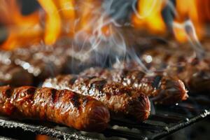 Barbecue grill sizzling with juicy burgers and hotdogs, staple of summer gatherings photo