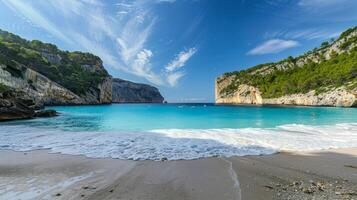Beach with turquoise waters and golden sands, kissed by the warm sun of summer photo