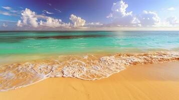 Beach with turquoise waters and golden sands, kissed by the warm sun of summer photo