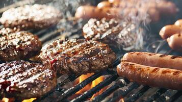 Barbecue grill sizzling with juicy burgers and hotdogs, staple of summer gatherings photo