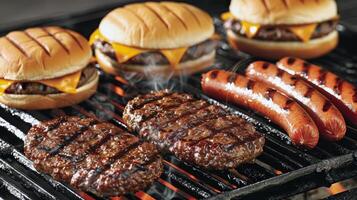 Barbecue grill sizzling with juicy burgers and hotdogs, staple of summer gatherings photo
