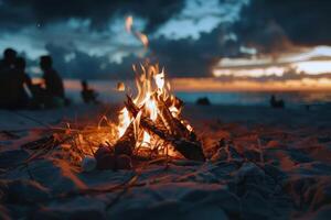 Bonfire crackling on the beach, surrounded by friends sharing stories on summer evening photo