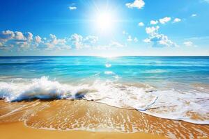 Beach with turquoise waters and golden sands, kissed by the warm sun of summer photo