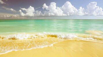 Beach with turquoise waters and golden sands, kissed by the warm sun of summer photo