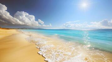 Beach with turquoise waters and golden sands, kissed by the warm sun of summer photo