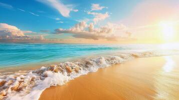 Beach with turquoise waters and golden sands, kissed by the warm sun of summer photo