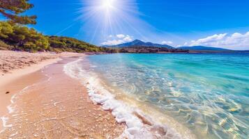 Beach with turquoise waters and golden sands, kissed by the warm sun of summer photo