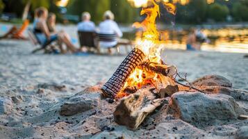 Bonfire crackling on the beach, surrounded by friends sharing stories on summer evening photo