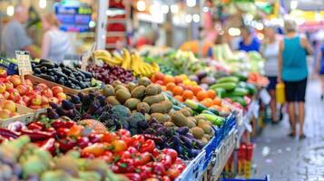 bullicioso al aire libre mercado lleno con vendedores de venta Fresco frutas, verduras, y flores foto