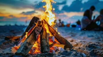 Bonfire crackling on the beach, surrounded by friends sharing stories on summer evening photo