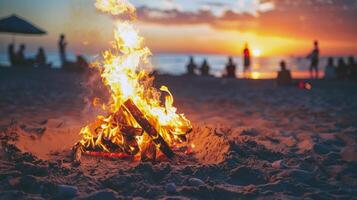 Bonfire crackling on the beach, surrounded by friends sharing stories on summer evening photo