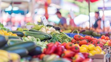 bullicioso al aire libre mercado lleno con vendedores de venta Fresco frutas, verduras, y flores foto