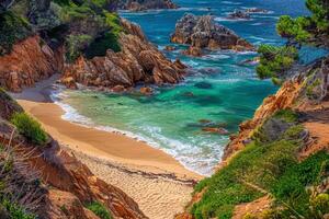 Beach with turquoise waters and golden sands, kissed by the warm sun of summer photo