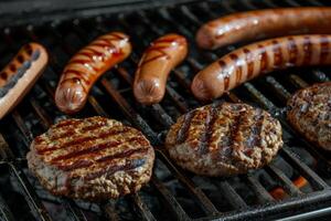 Barbecue grill sizzling with juicy burgers and hotdogs, staple of summer gatherings photo