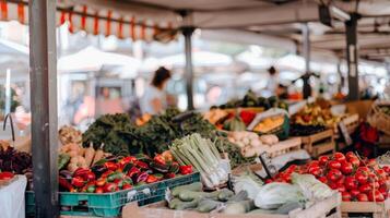 Bustling outdoor market filled with vendors selling fresh fruits, vegetables, and flowers photo