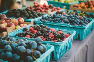 Colorful array of fresh fruits at farmer's market, bursting with flavors of the summer harvest photo