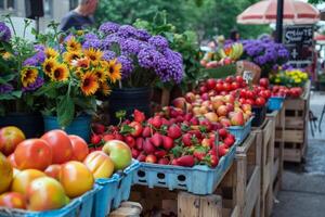 Bustling outdoor market filled with vendors selling fresh fruits, vegetables, and flowers photo