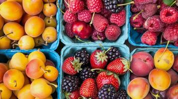 vistoso formación de Fresco frutas a agricultores mercado, muy lleno con sabores de el verano cosecha foto