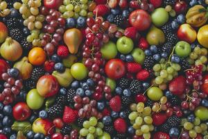 Colorful array of fresh fruits at farmer's market, bursting with flavors of the summer harvest photo