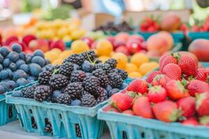 Colorful array of fresh fruits at farmer's market, bursting with flavors of the summer harvest photo