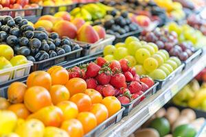 Colorful array of fresh fruits at farmer's market, bursting with flavors of the summer harvest photo