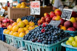 vistoso formación de Fresco frutas a agricultores mercado, muy lleno con sabores de el verano cosecha foto