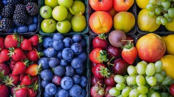 vistoso formación de Fresco frutas a agricultores mercado, muy lleno con sabores de el verano cosecha foto