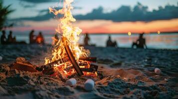 Bonfire crackling on the beach, surrounded by friends sharing stories on summer evening photo