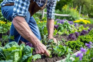 granjero tendiendo a filas de maduro vegetales en abundante verano jardín foto