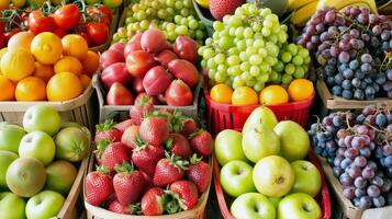 Colorful array of fresh fruits at farmer's market, bursting with flavors of the summer harvest photo