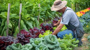 Farmer tending to rows of ripe vegetables in bountiful summer garden photo