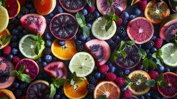 vistoso formación de Fresco frutas a agricultores mercado, muy lleno con sabores de el verano cosecha foto