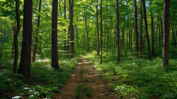 Canopy of trees providing shade for tranquil hike through lush forest, escaping the summer heat photo