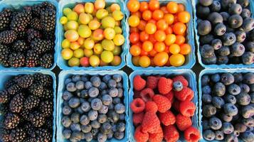 Colorful array of fresh fruits at farmer's market, bursting with flavors of the summer harvest photo