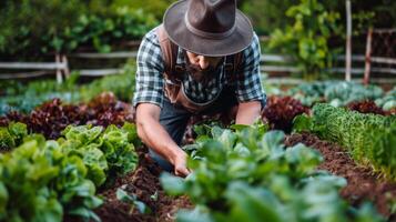 granjero tendiendo a filas de maduro vegetales en abundante verano jardín foto