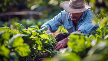 granjero tendiendo a filas de maduro vegetales en abundante verano jardín foto