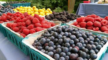 Colorful array of fresh fruits at farmer's market, bursting with flavors of the summer harvest photo