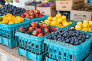 Colorful array of fresh fruits at farmer's market, bursting with flavors of the summer harvest photo