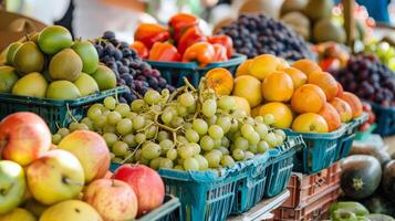 vistoso formación de Fresco frutas a agricultores mercado, muy lleno con sabores de el verano cosecha foto