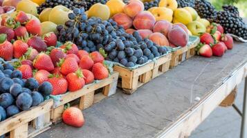 Colorful array of fresh fruits at farmer's market, bursting with flavors of the summer harvest photo