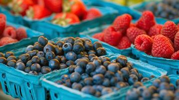 Colorful array of fresh fruits at farmer's market, bursting with flavors of the summer harvest photo