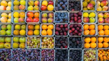 vistoso formación de Fresco frutas a agricultores mercado, muy lleno con sabores de el verano cosecha foto