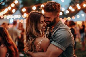 Pareja bailando debajo el estrellas a al aire libre música festival, barrido lejos por el magia de verano noche foto