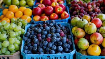 vistoso formación de Fresco frutas a agricultores mercado, muy lleno con sabores de el verano cosecha foto