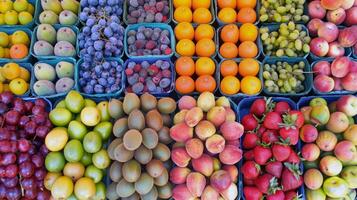 vistoso formación de Fresco frutas a agricultores mercado, muy lleno con sabores de el verano cosecha foto