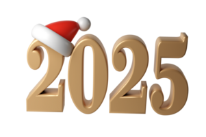 3d Happy New Year 2025 golden Numbers. Symbols cartoon render with red hat santa. Christmas decoration. Celebrate party Xmas Poster banner, cover card, brochure, flyer, layout design png